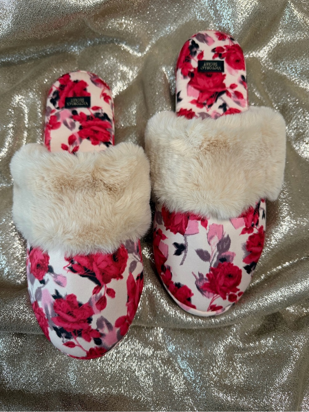 Victoria's Secret Pink Floral Faux Fur Slide Slippers